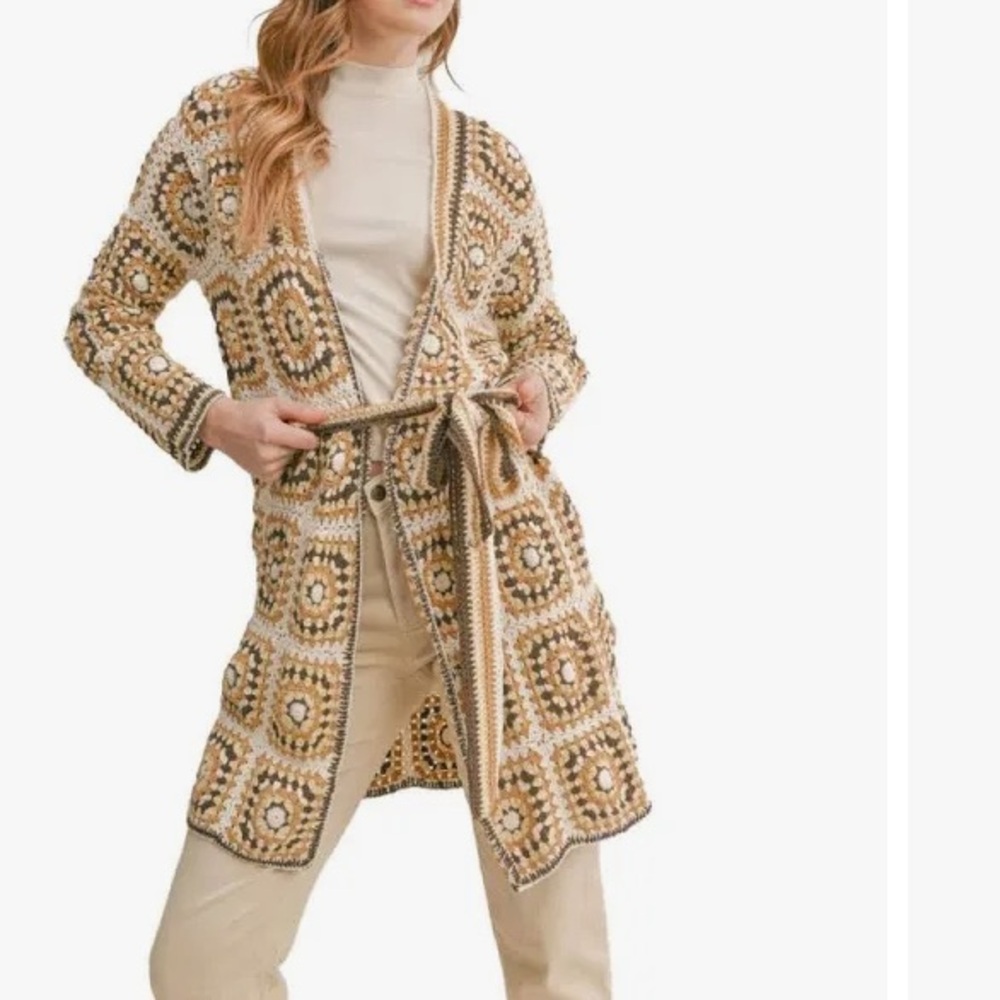 Sadie & Sage Crochet Long Belted Cardigan - Cream and Brown